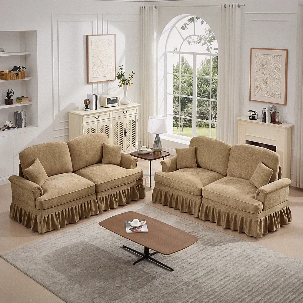 2-Piece Sofa Set w/ Flared Arms & Removable Skirts, Light Coffee Chenille
