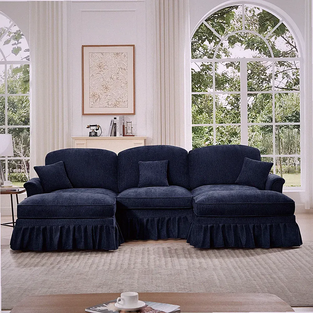 3-Seat Sectional Sofa w/ Ottoman, Blue Chenille Fabric, U-Shape
