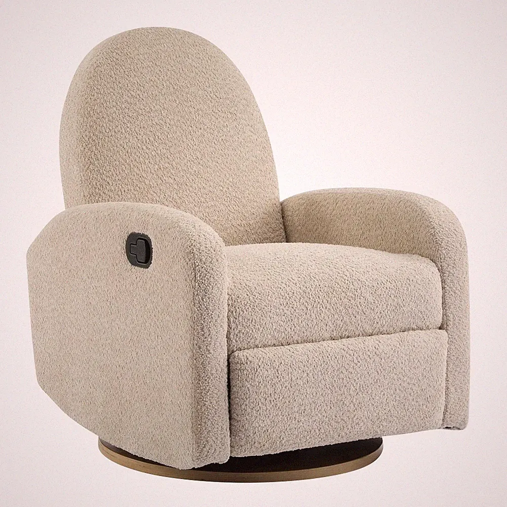 360 Swivel Glider Recliner Chair, Almond Boucle, Solid Wood Base, Easy Assembly