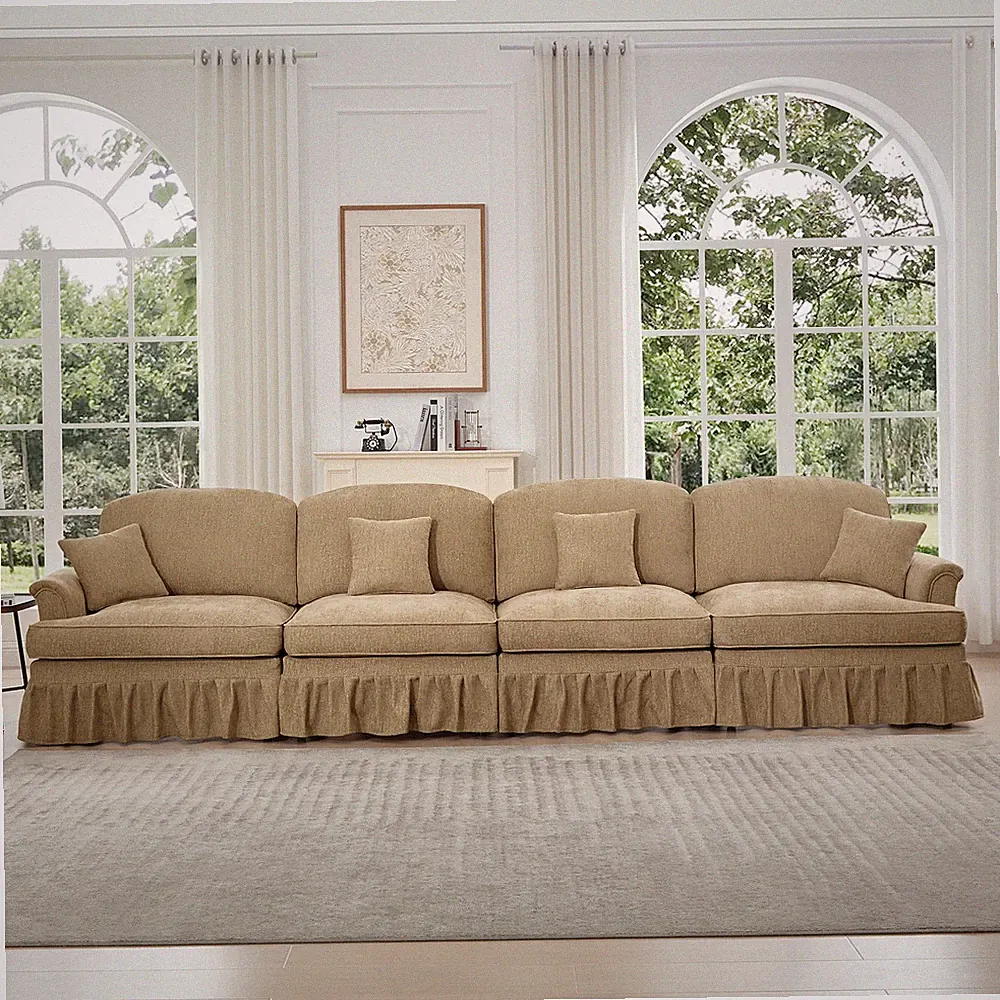 4-Seat Mid-Century Sofa c/w Removable Ruffled Skirt & Chenille Cushions