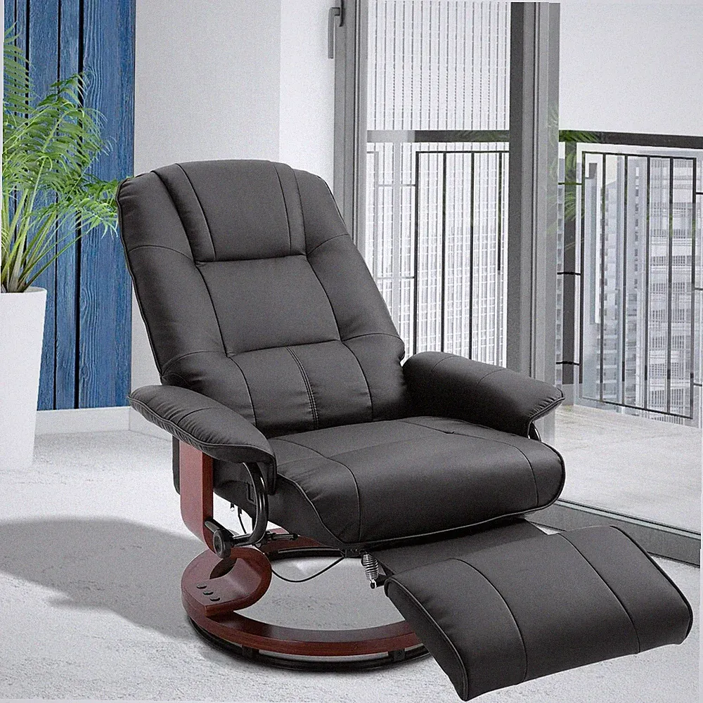 Adjustable Manual Swivel Base Recliner Chair with Extending Footrest in Black