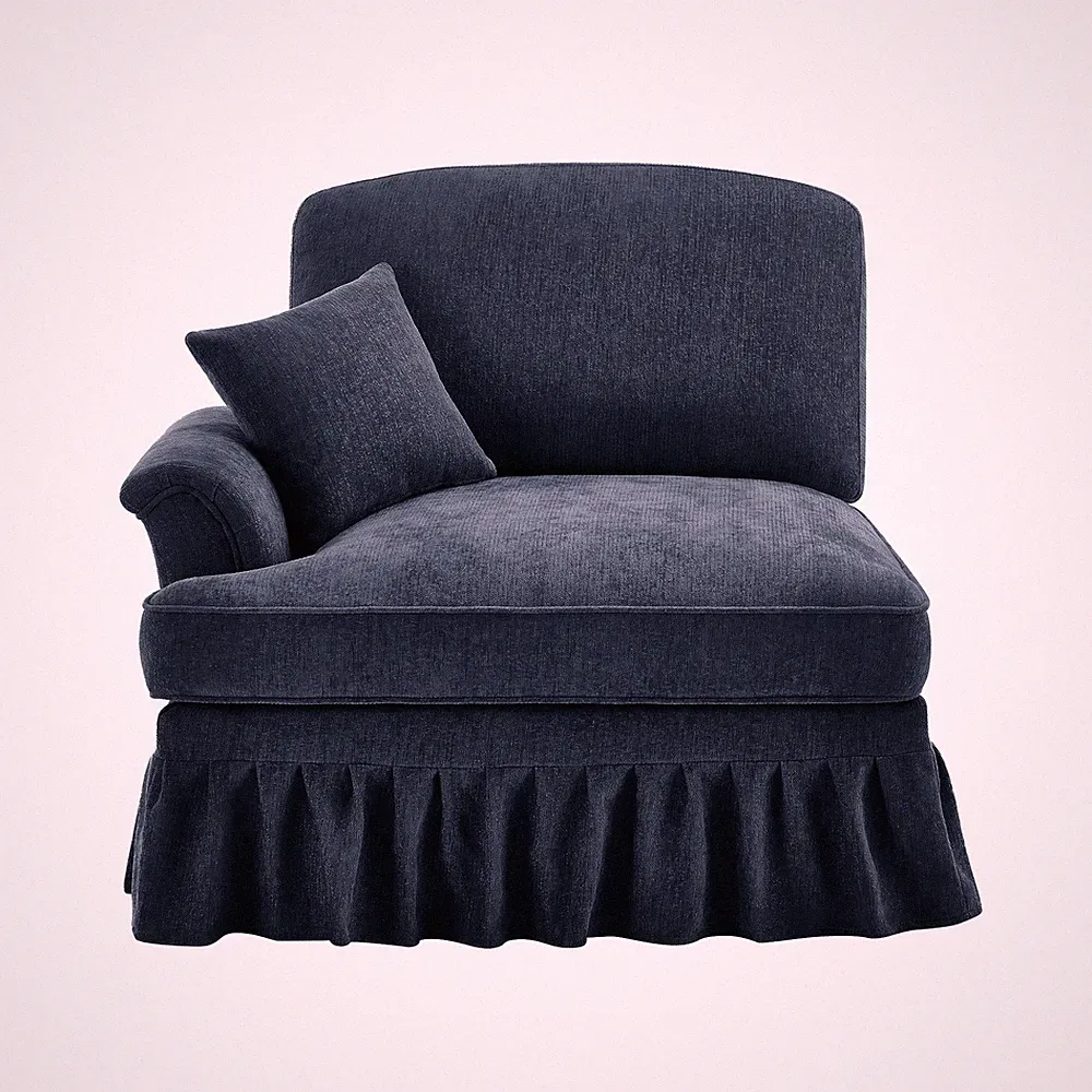 Chenille Sofa w/ Removable Ruffles Skirt & Throw Pillow, Blue, 1-Seat Sectional