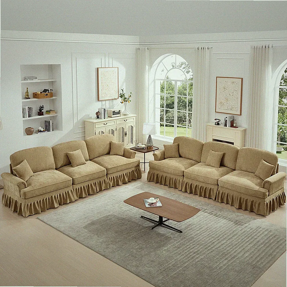 Classic Sleeper Sofa with Flared Arms & Ottomans, Light Coffee Chenille