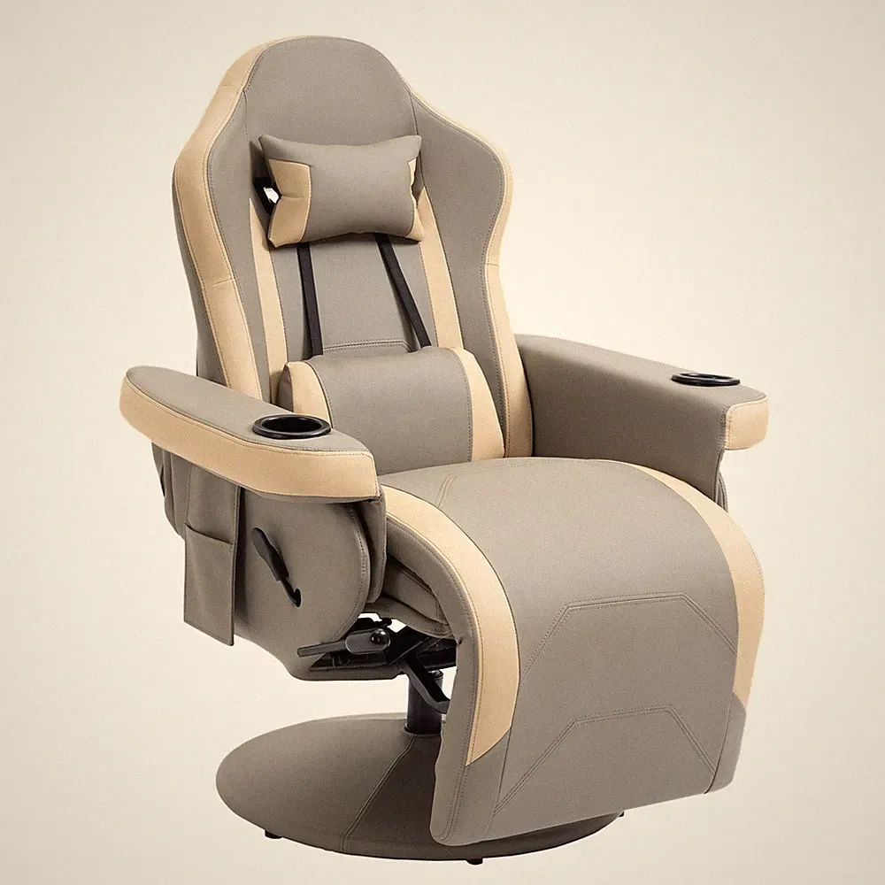 Manual Swivel Recliner Chair PU Leather Cup Holder Side Pocket Gray