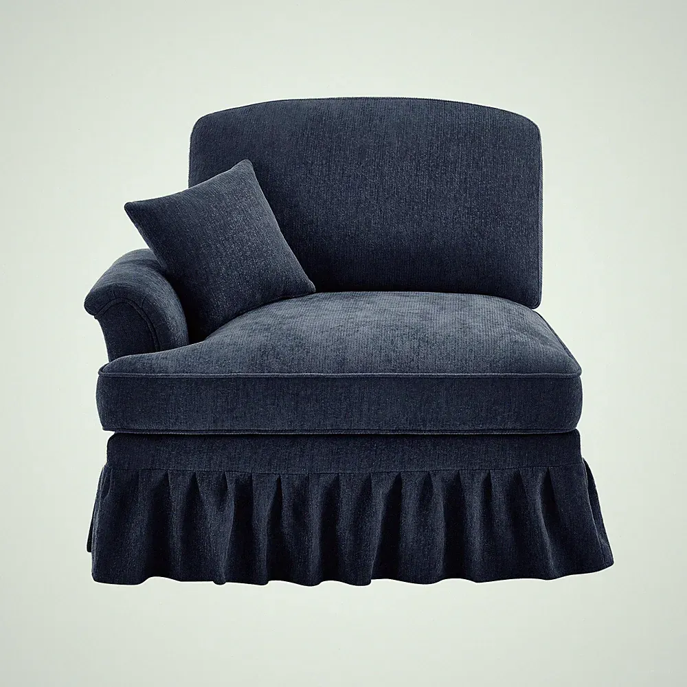 Mid-Century Blue Chenille 1-Seat Sofa w/ Removable Skirt & Pillow