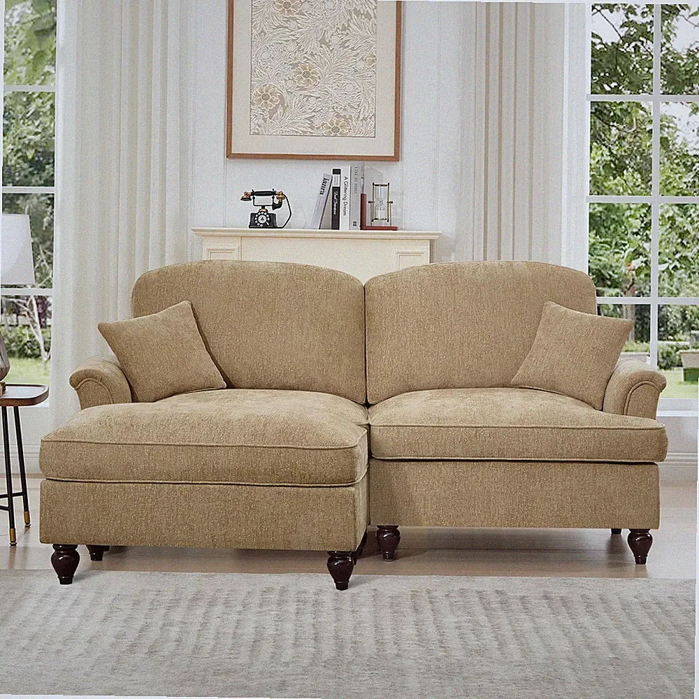 Mid-Century L-Shaped Sleeper Sofa with Ottoman, Chenille Fabric