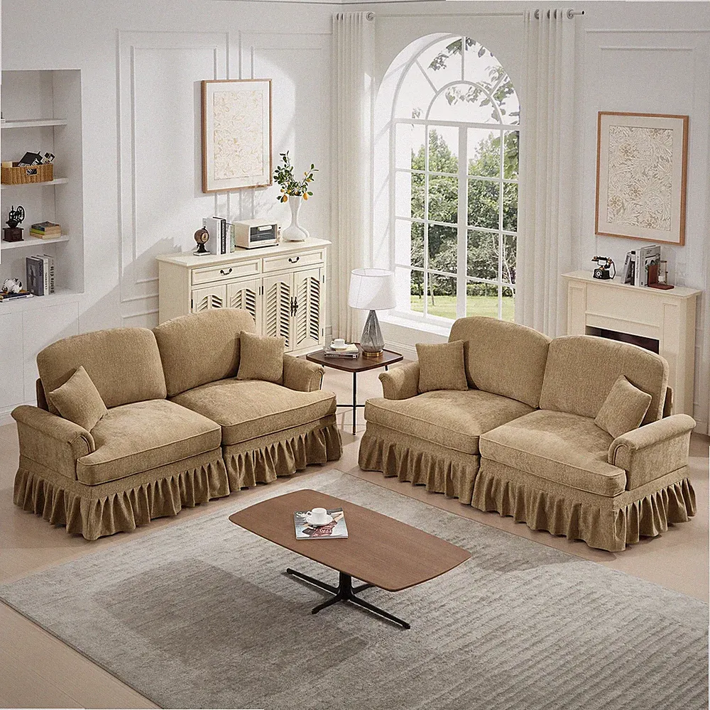 Modular 2-Piece Light Coffee Chenille Sofa Set w Flared Arms